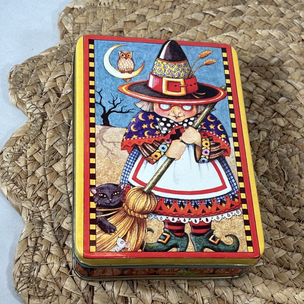 Vintage Tin Box Mary Engelbreit HALLOWEEN Witch Broom Cat Hong Kong Midwest